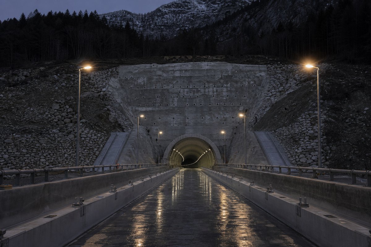 Archival-feeling engineering scene, dim and documentary: a mountainous transport corridor, at dusk with lights just on, a dead-centre symmetrical composition. (AI-generated image)