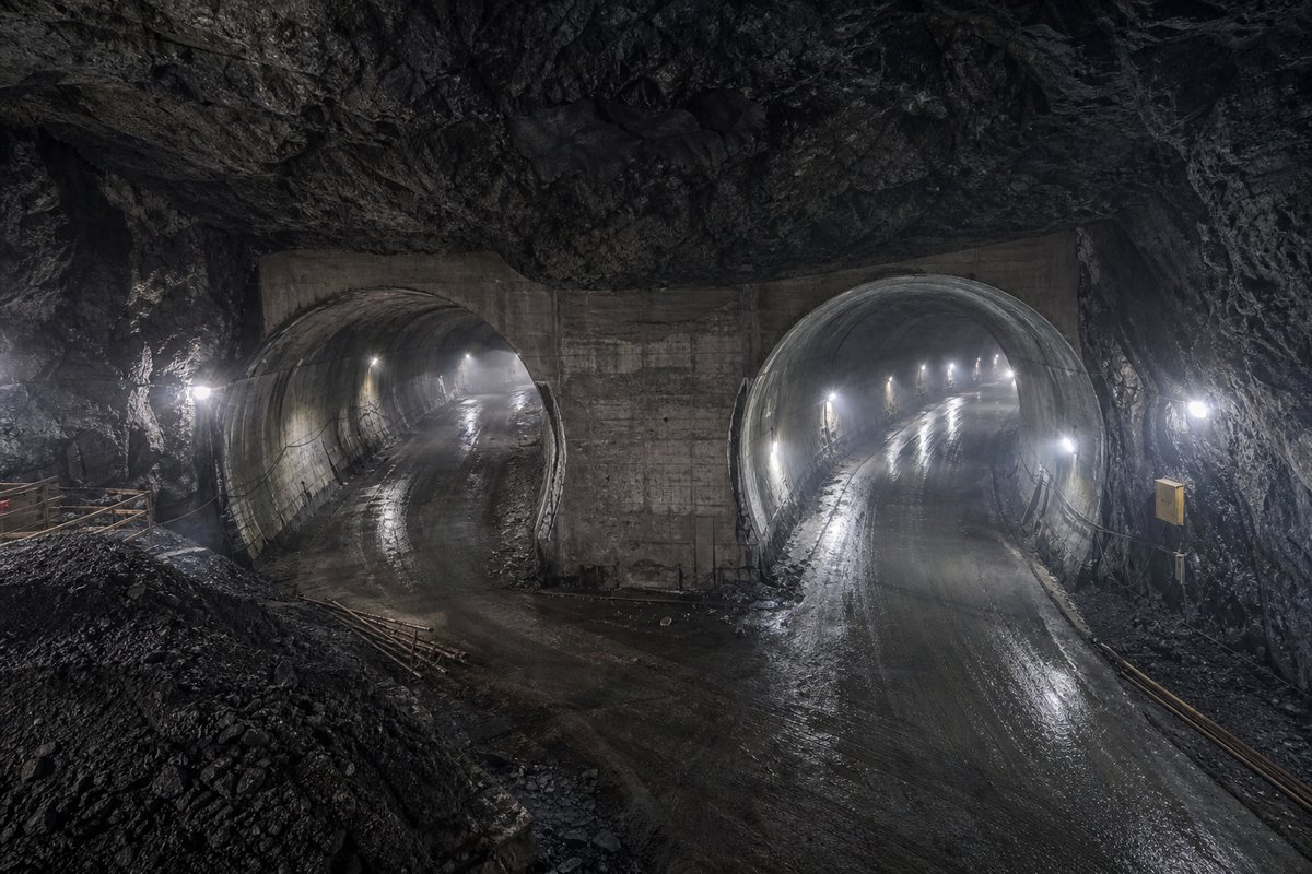 Two parallel tunnel bores diverging behind a shared portal wall, cold LED lighting, in drifting mist, a slightly elevated three-quarter view. Frame 123. (AI-generated image)