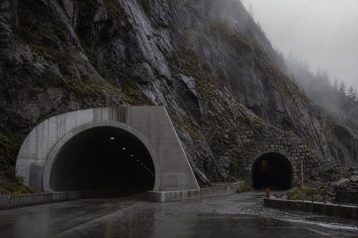 Rock face carrying two tunnel mouths of visibly different generations, wet stone, in thin fog, shot at 50mm. Frame 141. (AI-generated image)