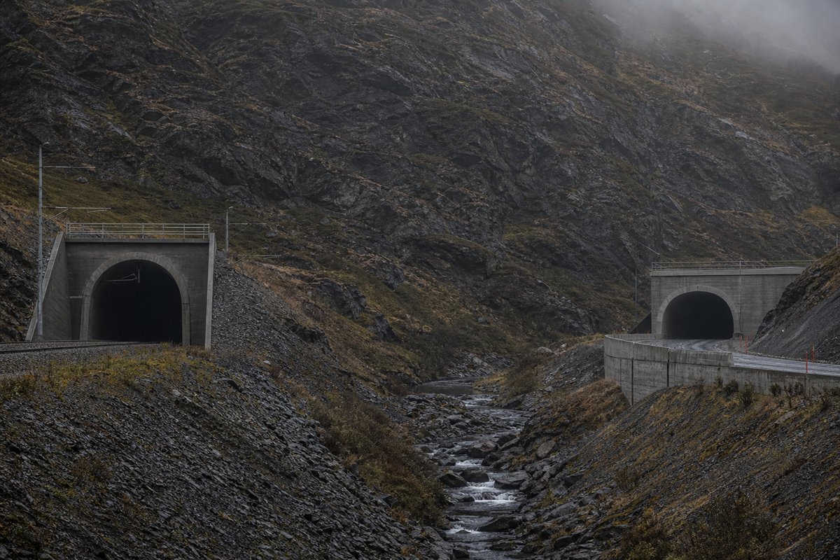 Railway portal and a road portal facing each other across a narrow valley floor, under low grey cloud, shot at 85mm from a distance. Frame 233. (AI-generated image)