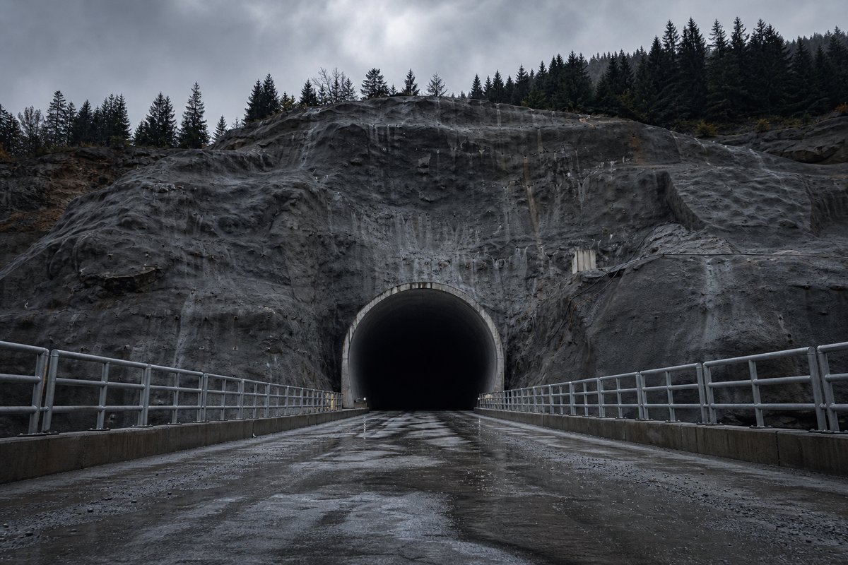 Mouth of a long bore seen from the approach cutting, guardrails converging, under low grey cloud, shot wide at 24mm. Frame 477. (AI-generated image)