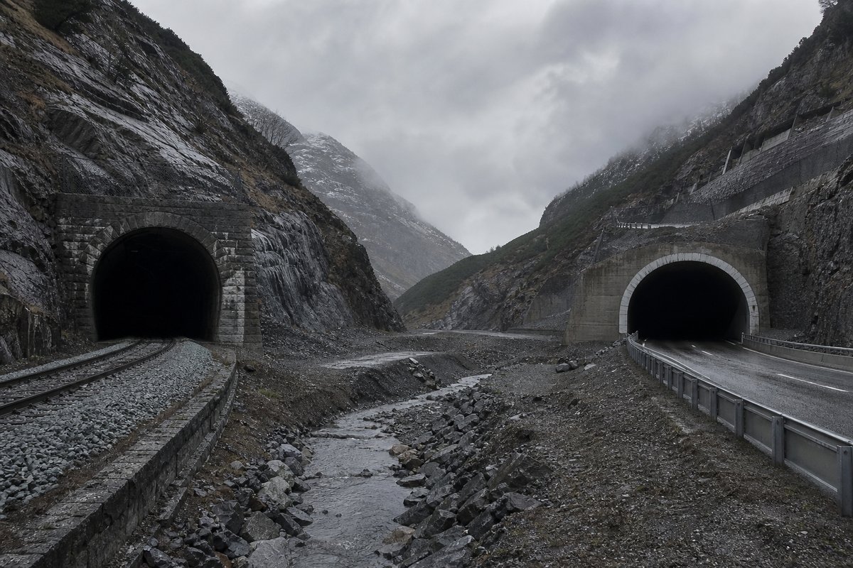 Railway portal and a road portal facing each other across a narrow valley floor, under low grey cloud, shot wide at 24mm. Frame 907. (AI-generated image)