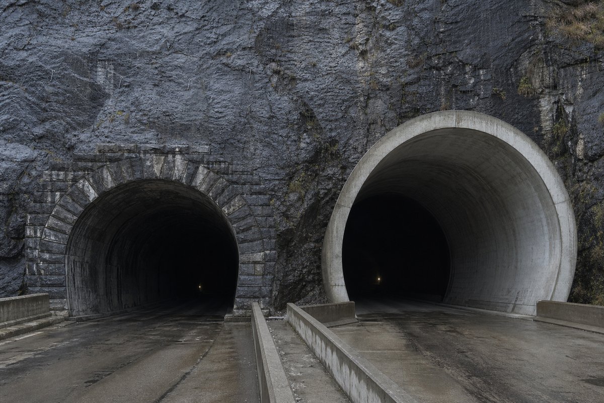 Two tunnel portals of different eras side by side in one rock face, one stone-arched and one modern concrete, flat overcast light. (AI-generated image)