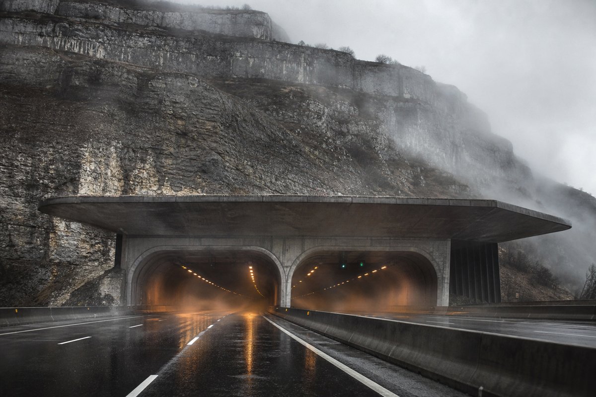 Twin motorway portals under a projecting concrete canopy on a limestone ridge, in drifting mist, shot at 35mm. Frame 556. (AI-generated image)