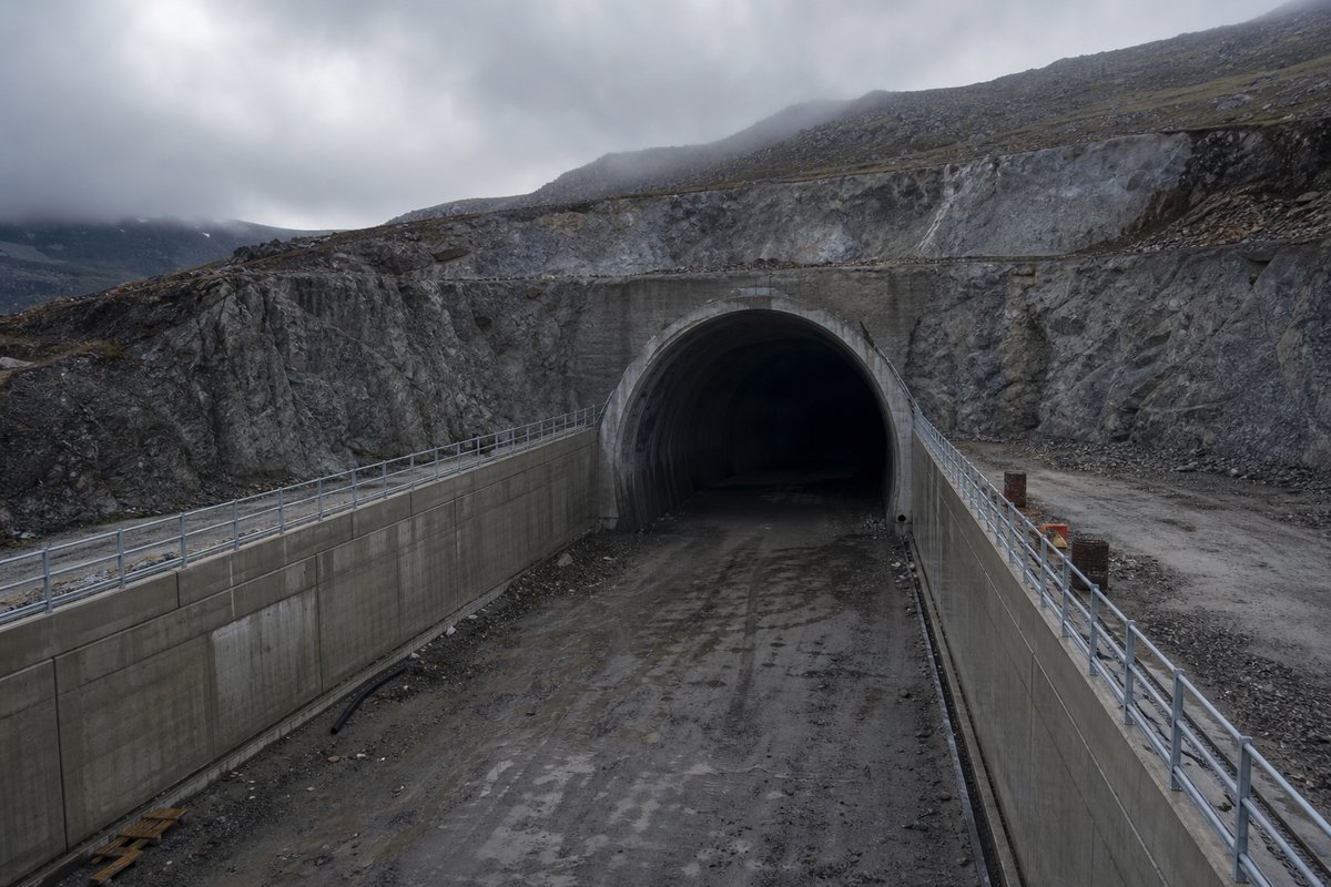 Mouth of a long bore seen from the approach cutting, guardrails converging, under low grey cloud, a slightly elevated three-quarter view. Frame 246. (AI-generated image)