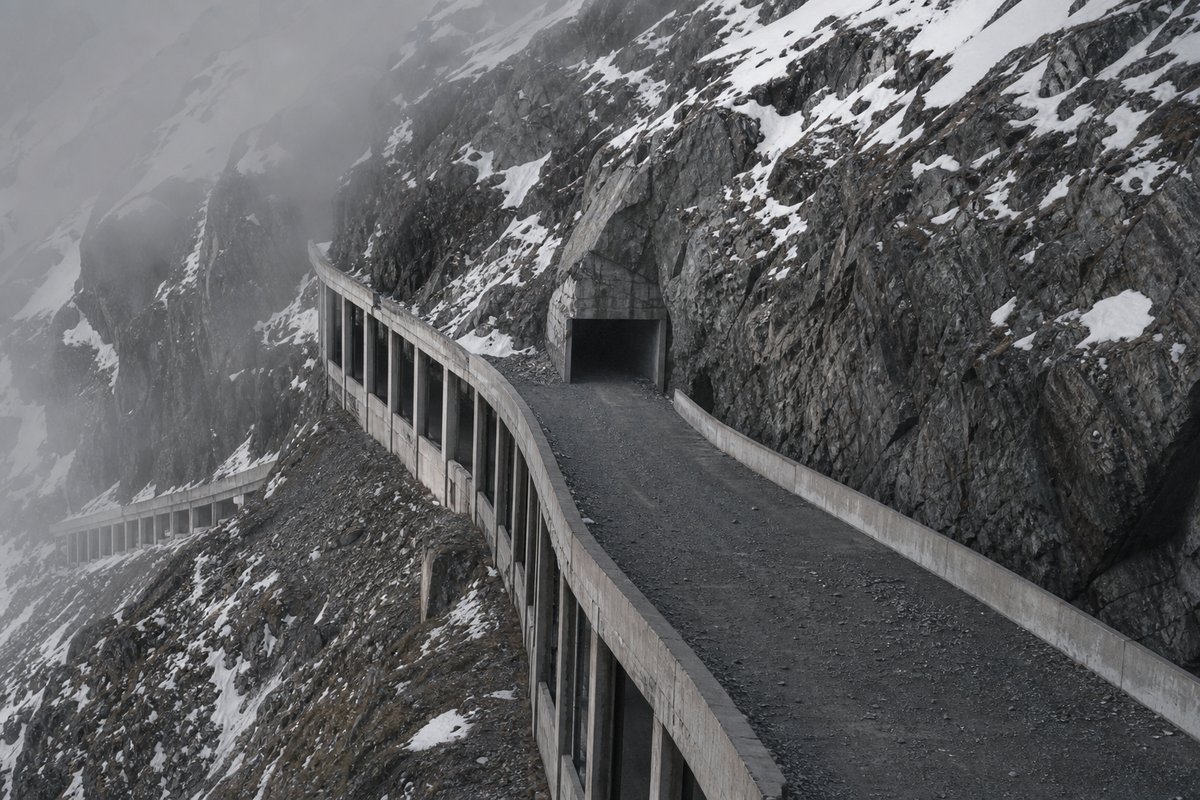 Avalanche gallery running into a mountain portal, snow on the crags above, in thin fog, a slightly elevated three-quarter view. Frame 718. (AI-generated image)