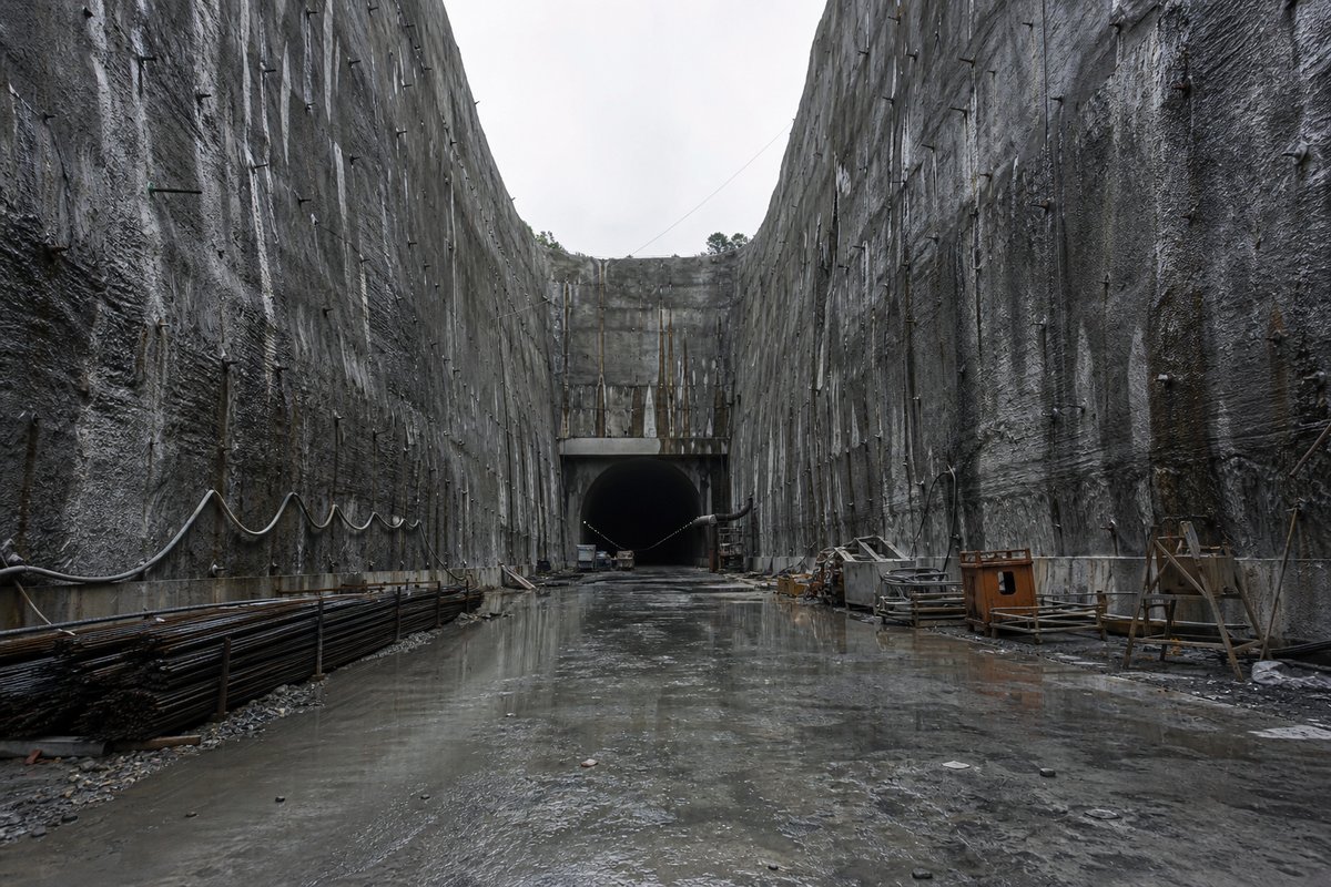 Deep rock cutting terminating in a portal, shotcrete walls streaked with seepage, in flat overcast light, shot wide at 24mm. Frame 705. (AI-generated image)