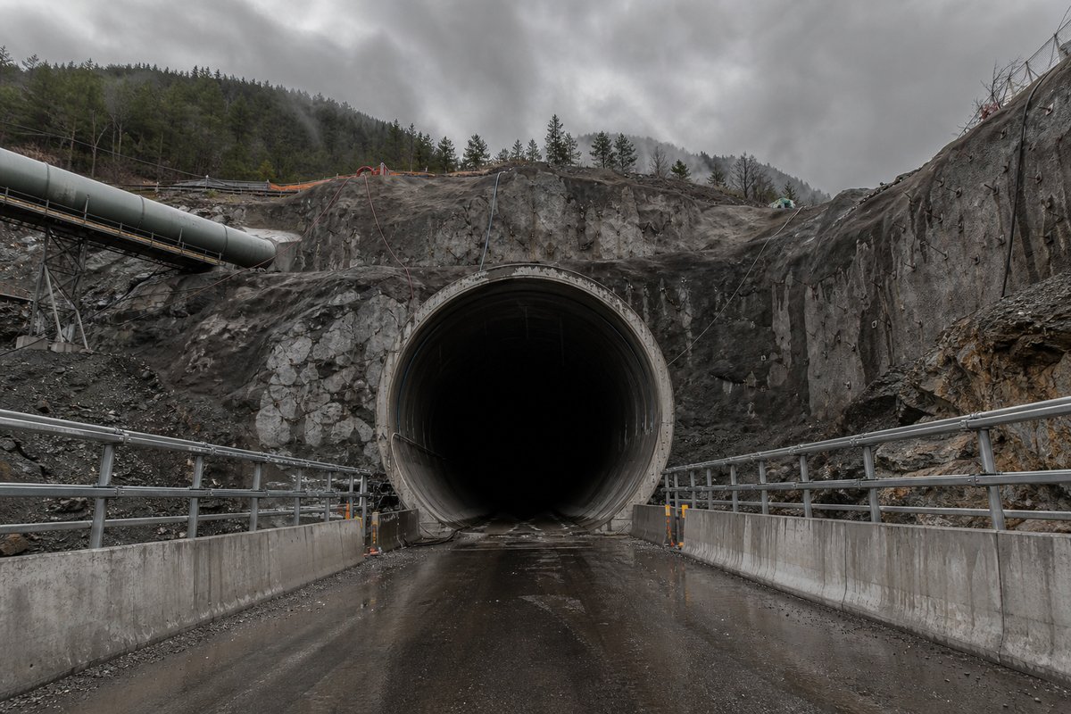 Mouth of a long bore seen from the approach cutting, guardrails converging, under low grey cloud, shot at 35mm. Frame 784. (AI-generated image)