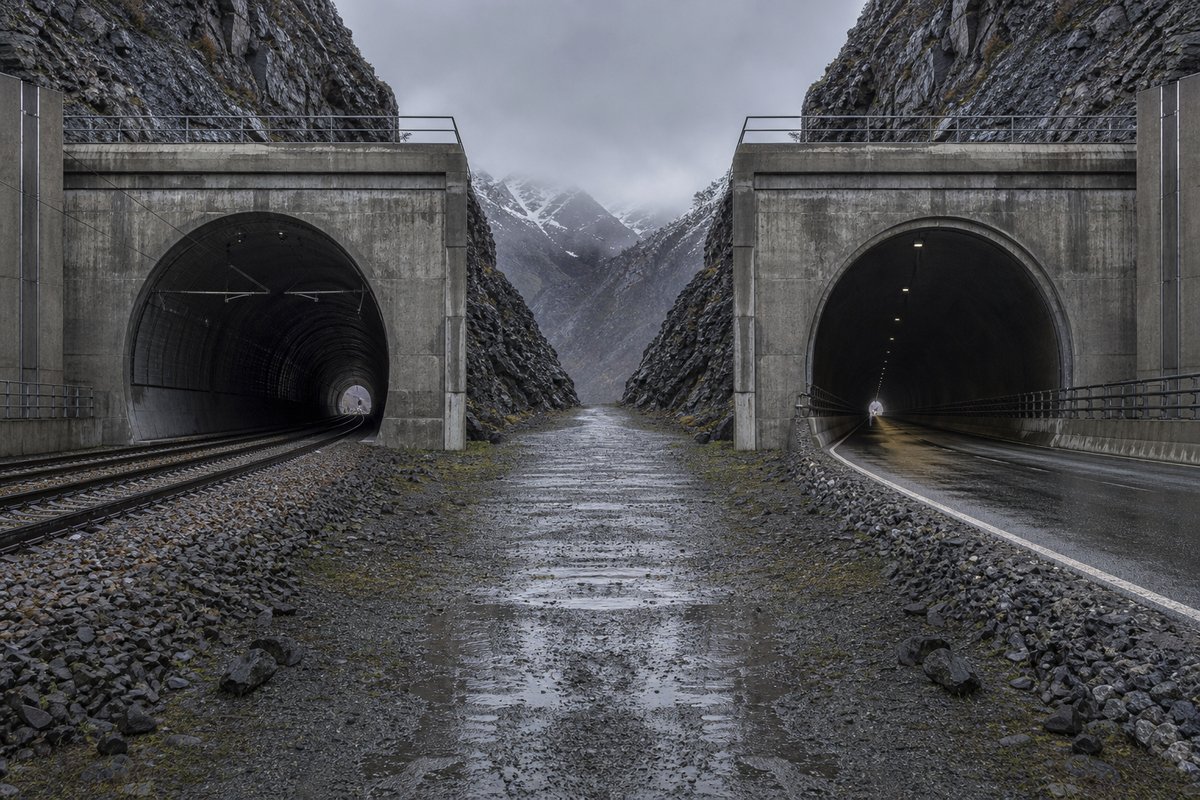 Railway portal and a road portal facing each other across a narrow valley floor, after rain, wet and reflective, a dead-centre symmetrical composition. Frame 966. (AI-generated image)