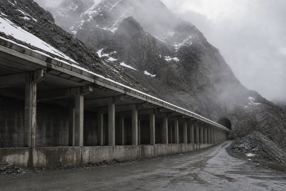 Avalanche gallery running into a mountain portal, snow on the crags above, in drifting mist, shot at 35mm. Frame 127. (AI-generated image)