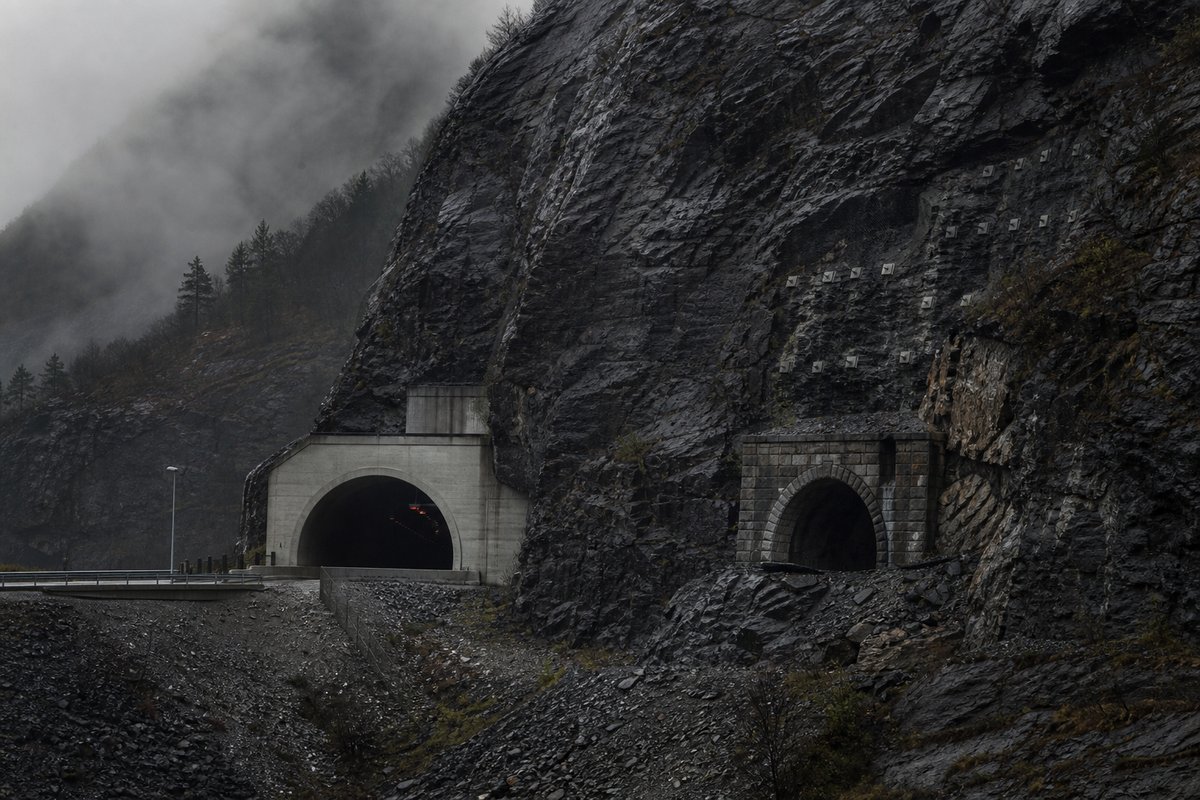 Rock face carrying two tunnel mouths of visibly different generations, wet stone, under low grey cloud, shot at 85mm from a distance. Frame 316. (AI-generated image)