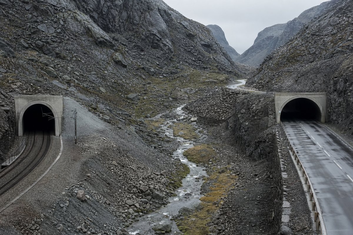 Railway portal and a road portal facing each other across a narrow valley floor, in flat overcast light, a slightly elevated three-quarter view. Frame 7. (AI-generated image)