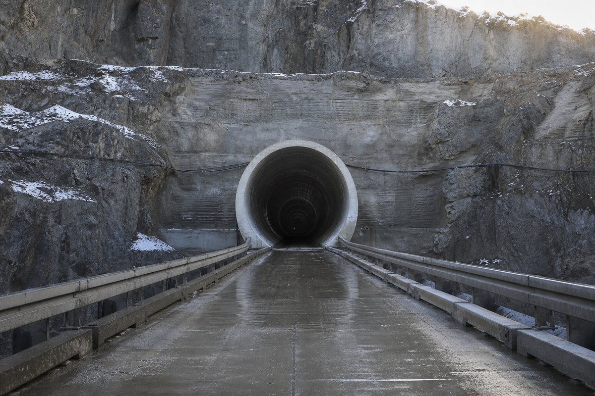Mouth of a long bore seen from the approach cutting, guardrails converging, in hard low winter sun, a dead-centre symmetrical composition. Frame 393. (AI-generated image)