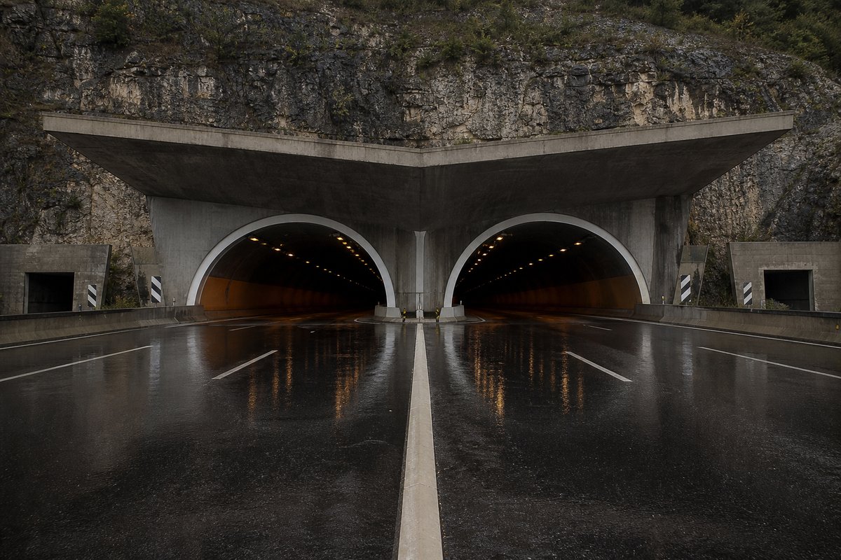 Twin motorway portals under a projecting concrete canopy on a limestone ridge, after rain, wet and reflective, shot at 35mm. Frame 479. (AI-generated image)