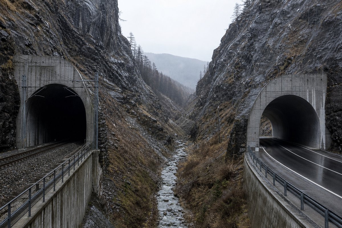 Railway portal and a road portal facing each other across a narrow valley floor, after rain, wet and reflective, shot at 35mm. Frame 201. (AI-generated image)