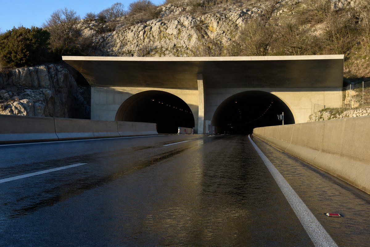 Twin motorway portals under a projecting concrete canopy on a limestone ridge, in hard low winter sun, a low camera position. Frame 84. (AI-generated image)