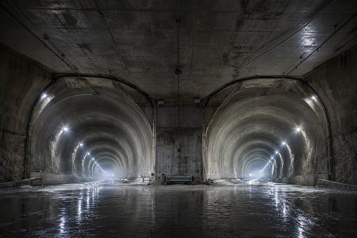 Two parallel tunnel bores diverging behind a shared portal wall, cold LED lighting, in thin fog, a dead-centre symmetrical composition. Frame 744. (AI-generated image)