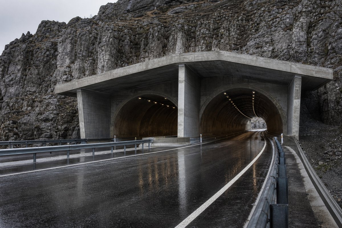 Twin motorway portals under a projecting concrete canopy on a limestone ridge, after rain, wet and reflective, shot at 50mm. Frame 874. (AI-generated image)