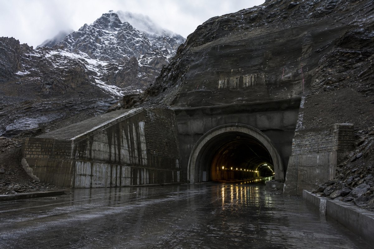 Transport infrastructure structure in Afghanistan: high barren Hindu Kush pass with a weathered tunnel portal, after rain, everything wet and reflective, shot wide at 24mm. (AI-generated image)