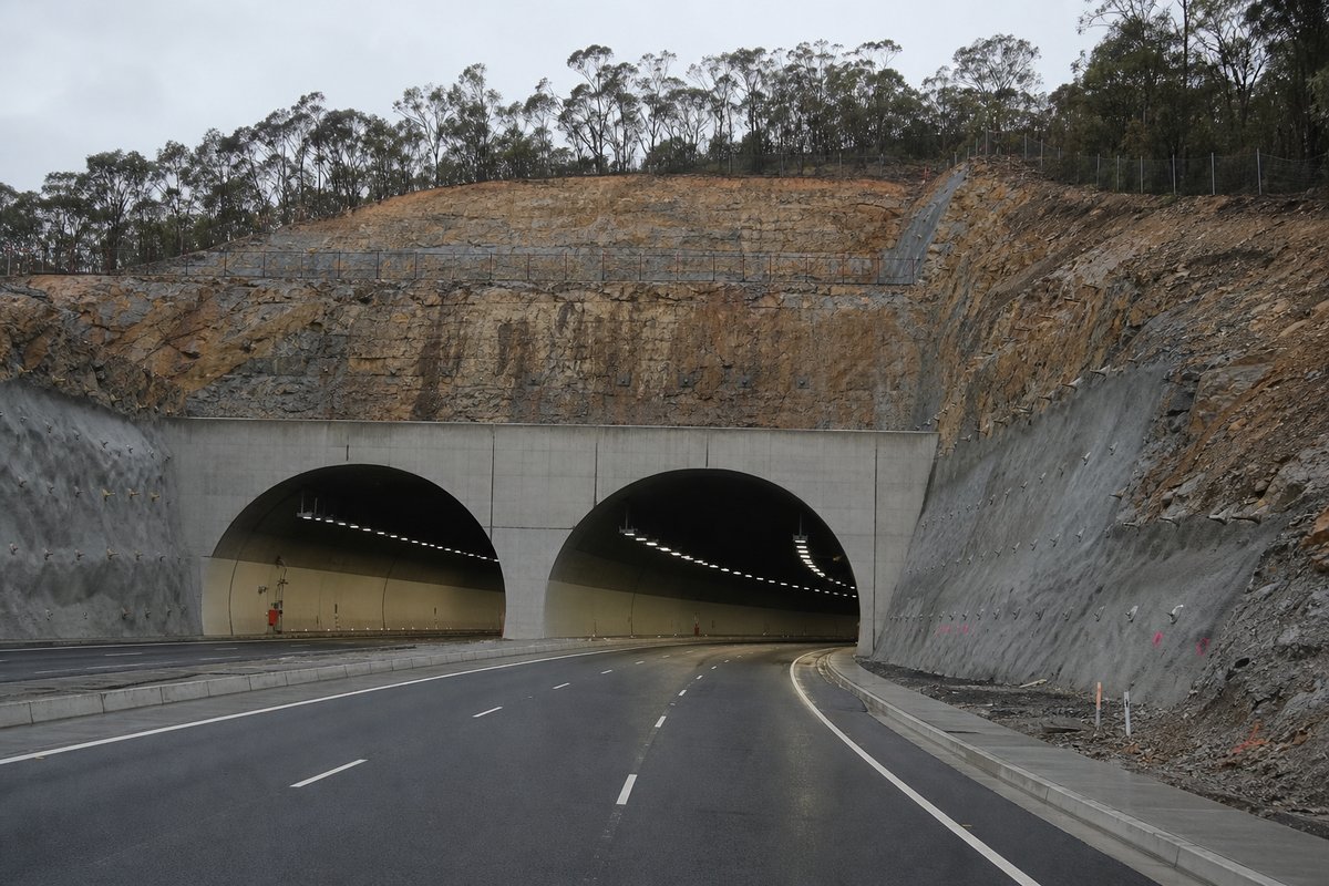 Transport infrastructure structure in Australia: sandstone cutting in a dry eucalypt landscape, urban motorway portal, under low grey cloud, shot at 35mm. (AI-generated image)