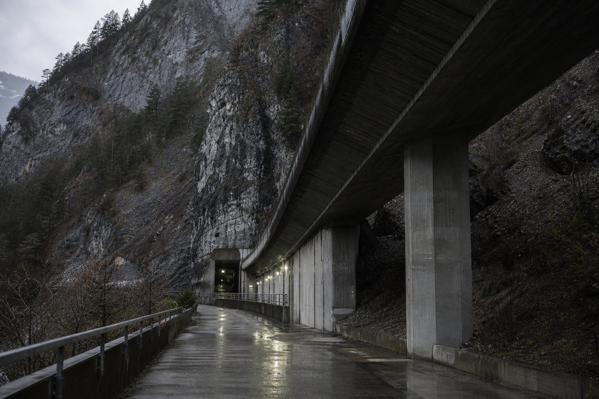 Long concrete box-girder viaduct on tall piers, seen from below in Austria: Tyrolean valley, avalanche gallery running into a mountain portal, after rain. (AI-generated image)