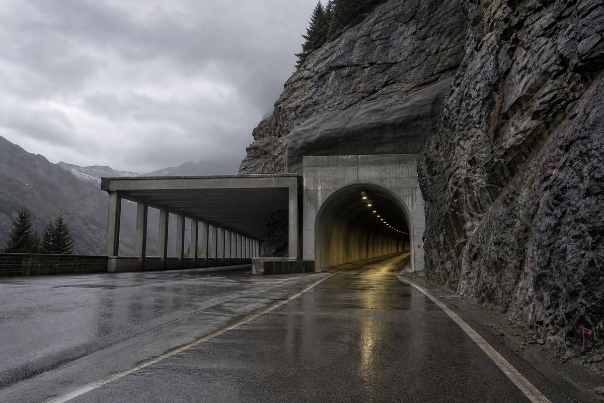 Road tunnel portal in Austria: Tyrolean valley, avalanche gallery running into a mountain portal, under low grey cloud, shot wide at 24mm. (AI-generated image)