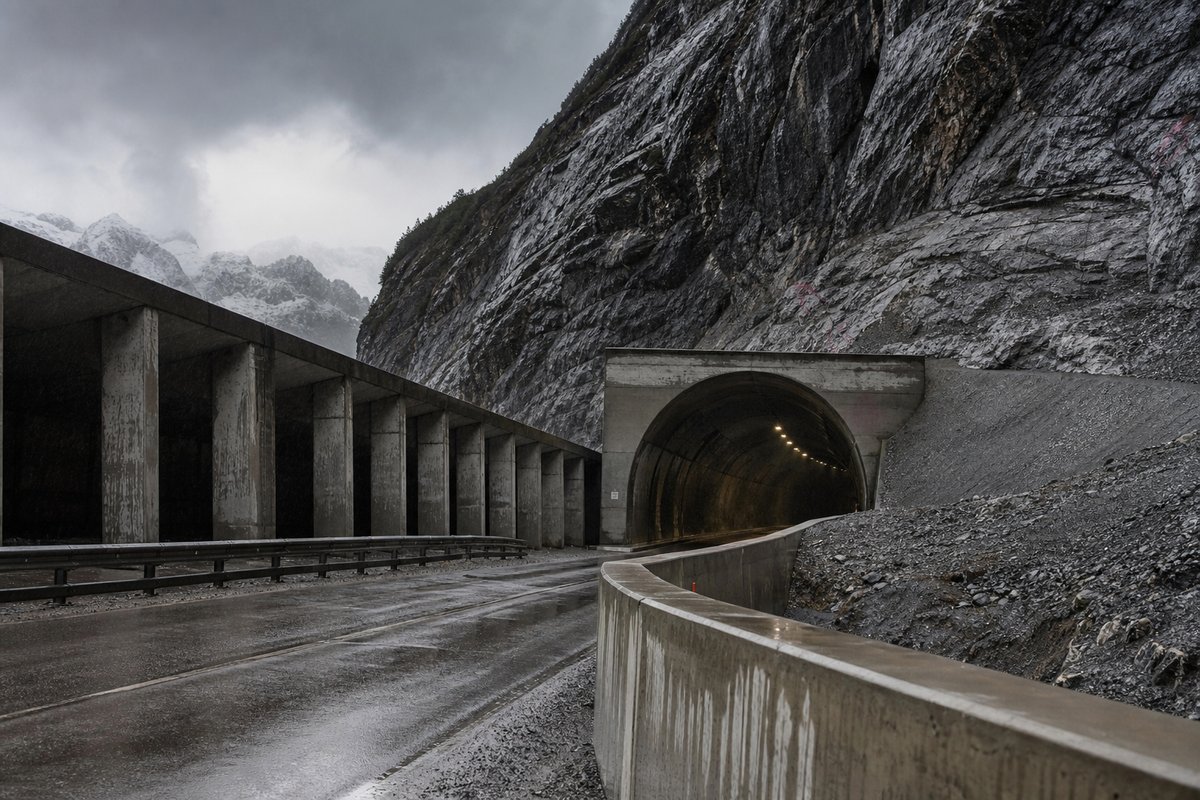 Road tunnel portal in Austria: Tyrolean valley, avalanche gallery running into a mountain portal, under low grey cloud, shot at 50mm, compressed. (AI-generated image)