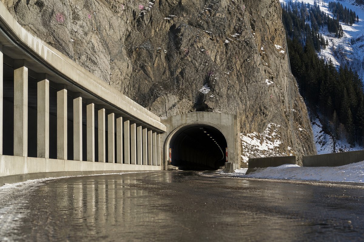 Road tunnel portal in Austria: Tyrolean valley, avalanche gallery running into a mountain portal, in hard low winter sun, a low camera position near the road surface. (AI-generated image)