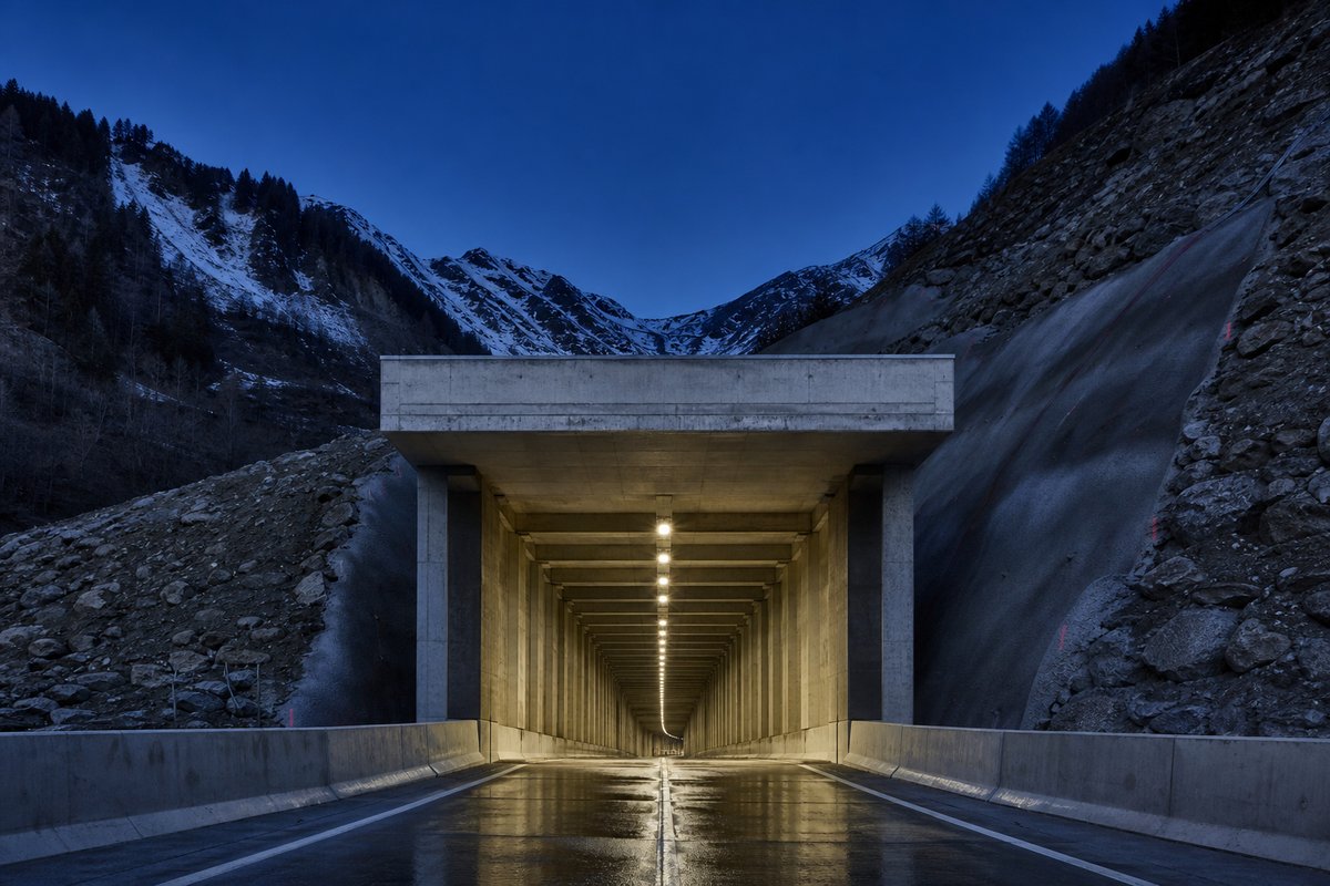 Road tunnel portal in Austria: Tyrolean valley, avalanche gallery running into a mountain portal, at blue hour with the portal lit, a dead-centre symmetrical composition. (AI-generated image)