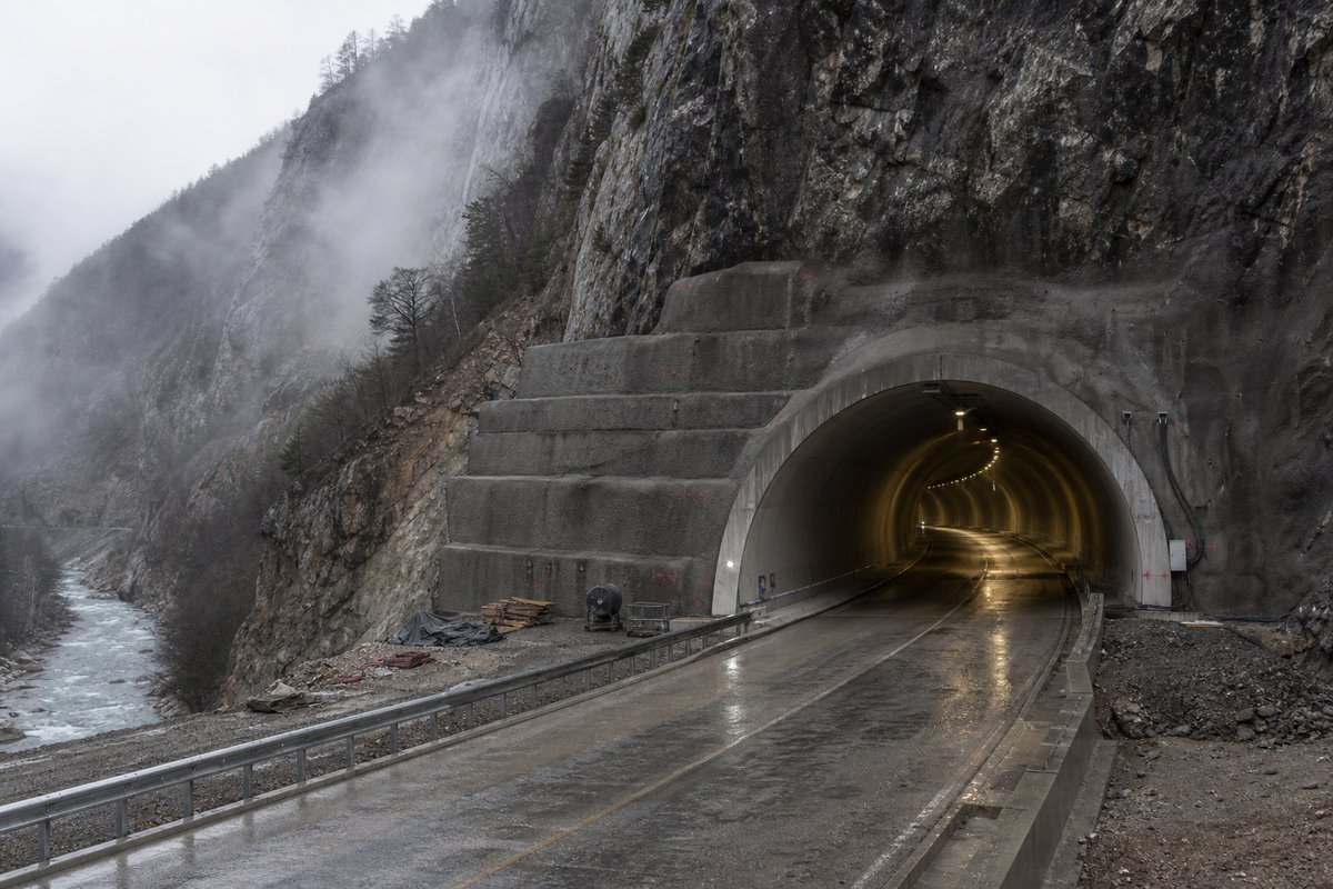Road tunnel portal in Bosnia and Herzegovina: limestone river canyon with a road tunnel portal, in drifting mist, a slightly elevated three-quarter view. (AI-generated image)