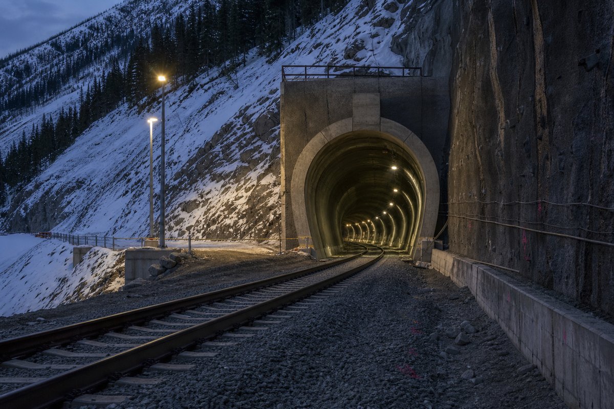 Railway tunnel portal with track running in in Canada: Rocky Mountain rail corridor with a spiral tunnel portal in the snow, at dusk with lights just on, shot at 50mm, compressed. (AI-generated image)