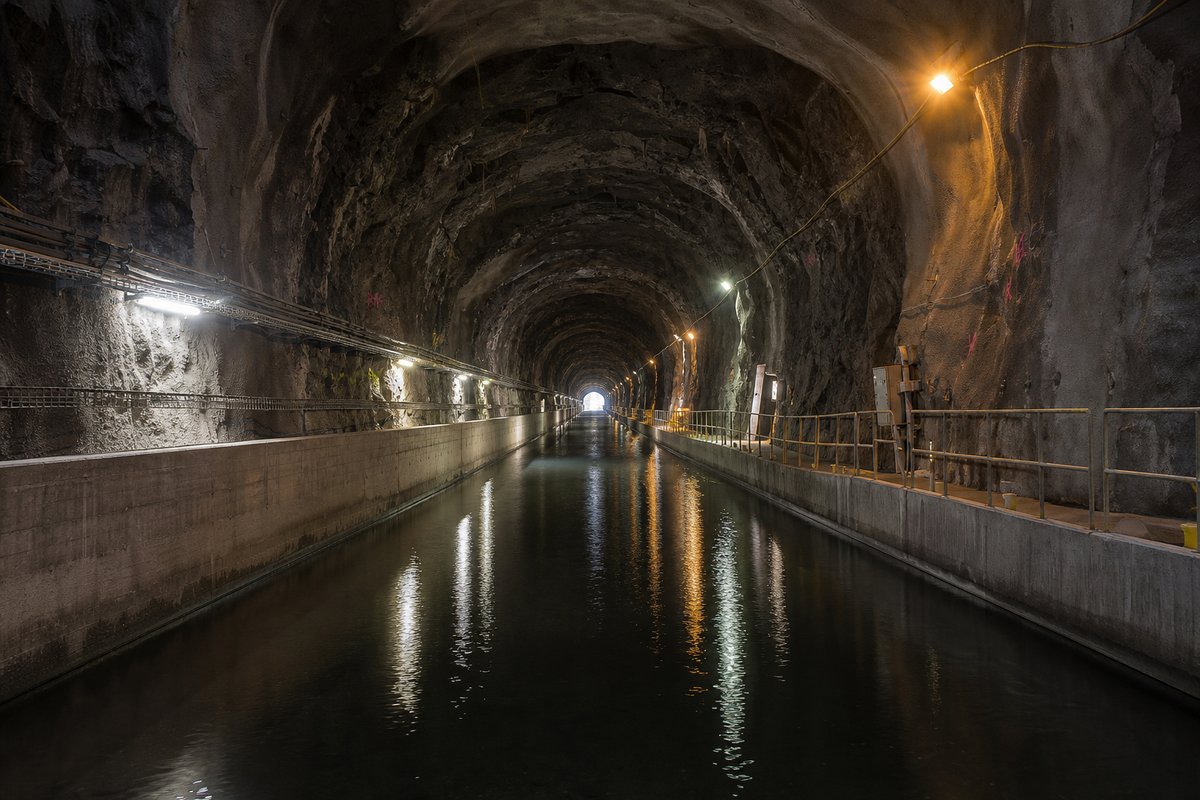 Narrow stone-lined canal tunnel over dark still water, the far end a small bright arch: a mountainous transport corridor, at dusk with lights just on. (AI-generated image)