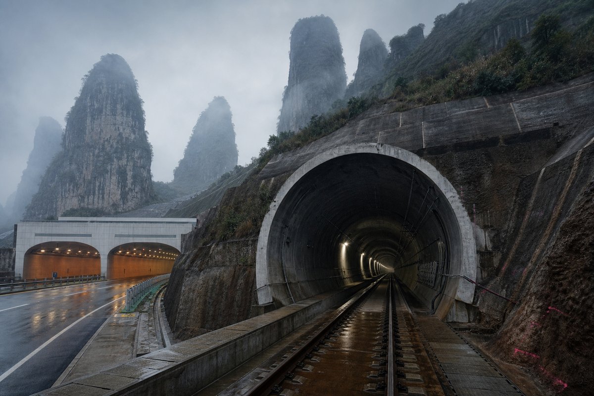 Railway tunnel portal with track running in in China: karst limestone towers in mist, a broad new expressway portal cut into the cliff, in thin morning fog, shot wide at 24mm. (AI-generated image)