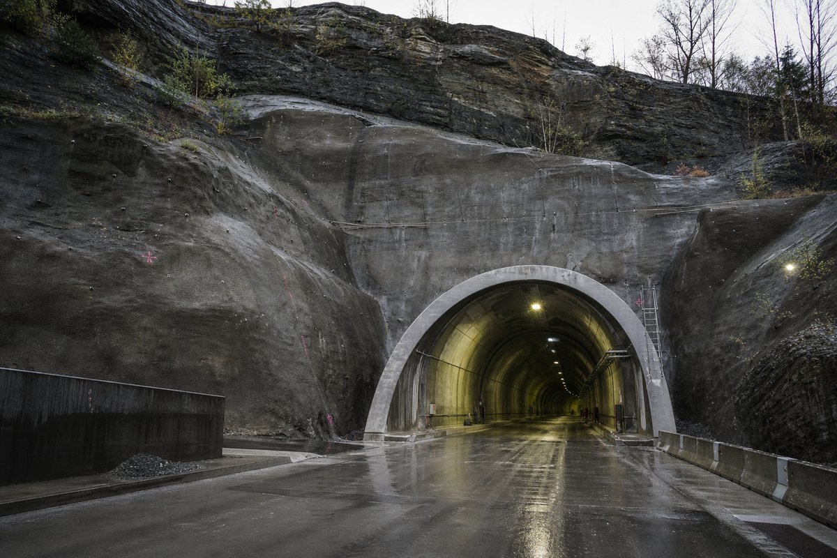Road tunnel portal in Czechia: Bohemian sandstone cutting with a railway tunnel portal, after rain, everything wet and reflective, shot wide at 24mm. (AI-generated image)
