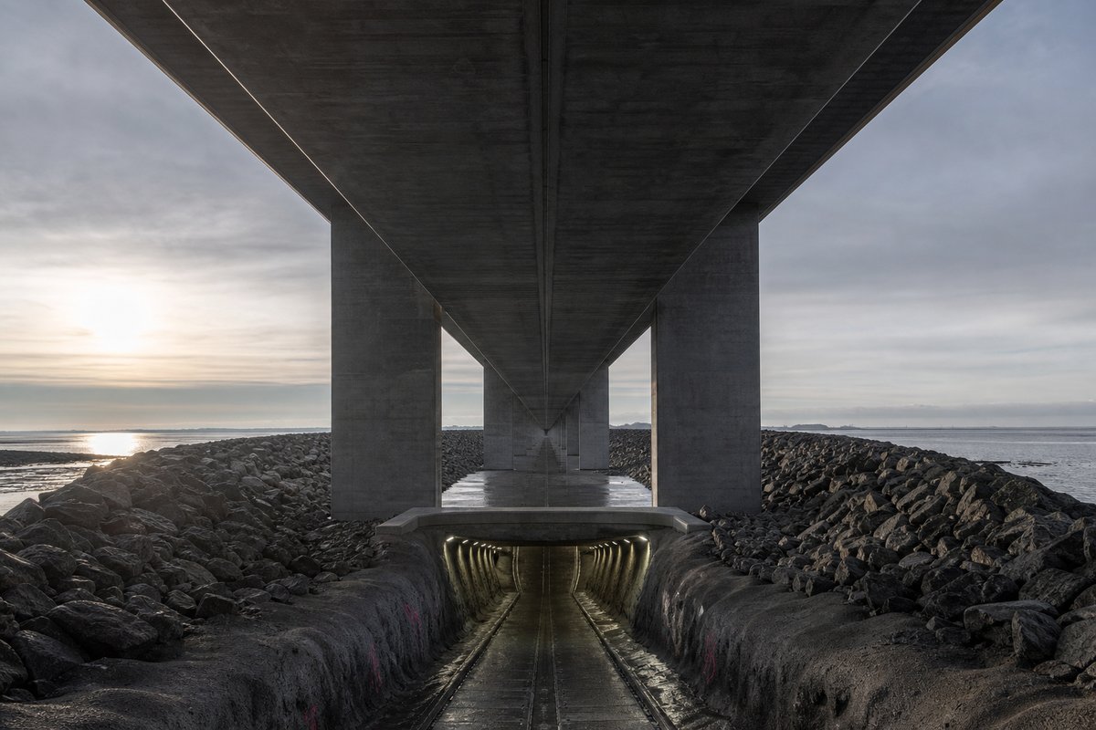 Long concrete box-girder viaduct on tall piers, seen from below in Denmark: flat coastal landscape, the mouth of an immersed tube approach ramp, in hard low winter sun. (AI-generated image)