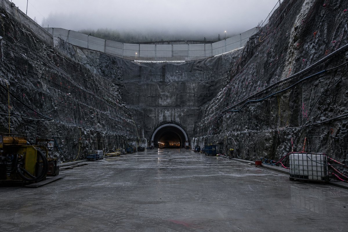 Heavy rock cutting leading to a tunnel portal, technical and unromantic: a mountainous transport corridor, in flat overcast light, shot wide at 24mm. A record-setting structure. (AI-generated image)