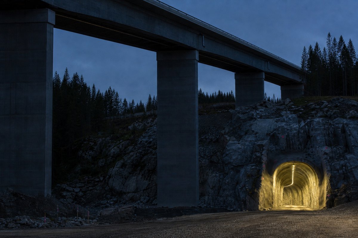 Long concrete box-girder viaduct on tall piers, seen from below in Finland: flat pine forest, a rock tunnel entrance in glaciated granite, at blue hour with the portal lit. (AI-generated image)