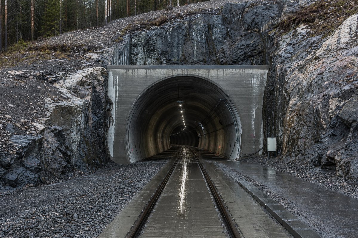 Railway tunnel portal with track running in in Finland: flat pine forest, a rock tunnel entrance in glaciated granite, after rain, everything wet and reflective, shot at 35mm. (AI-generated image)