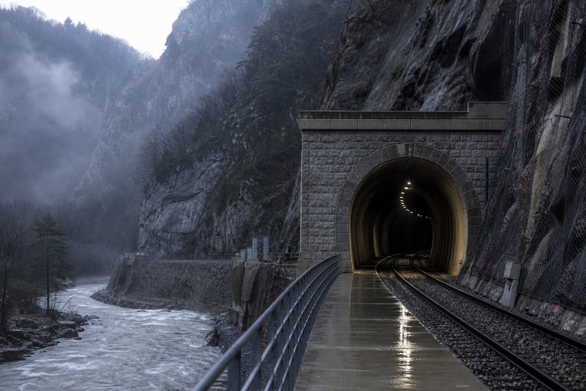 Transport infrastructure structure in France: Alpine gorge with a stone-faced tunnel mouth beside a river, in thin morning fog, shot at 50mm, compressed. (AI-generated image)