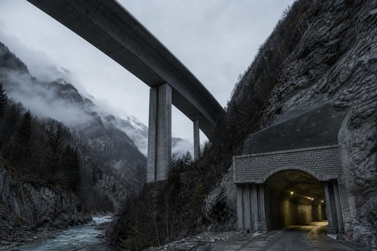 Long concrete box-girder viaduct on tall piers, seen from below in France: Alpine gorge with a stone-faced tunnel mouth beside a river, in drifting mist, shot at 35mm. (AI-generated image)