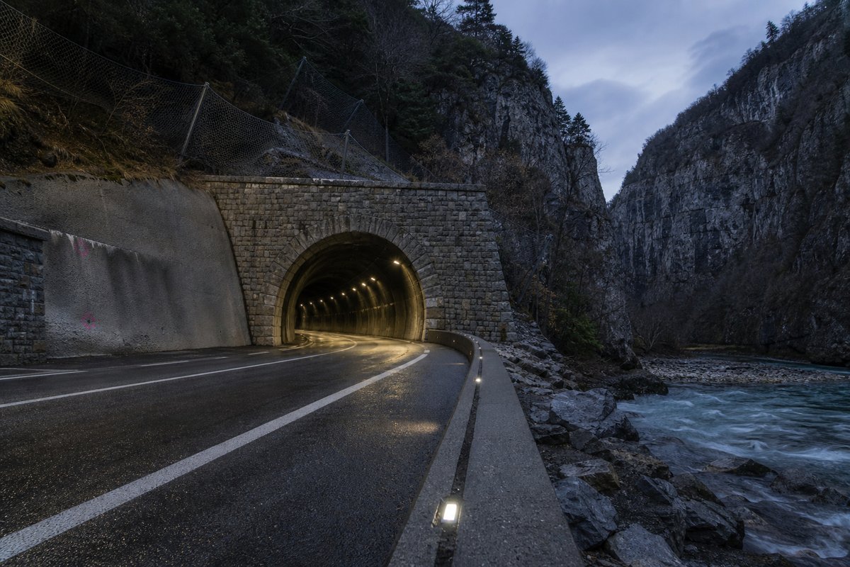 Road tunnel portal in France: Alpine gorge with a stone-faced tunnel mouth beside a river, at dusk with lights just on, a low camera position near the road surface. (AI-generated image)