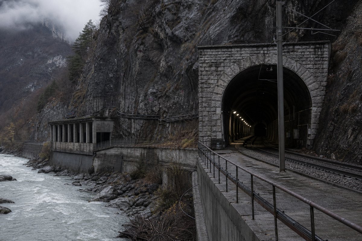 Railway tunnel portal with track running in in France: Alpine gorge with a stone-faced tunnel mouth beside a river, under low grey cloud, shot at 85mm from a distance. (AI-generated image)