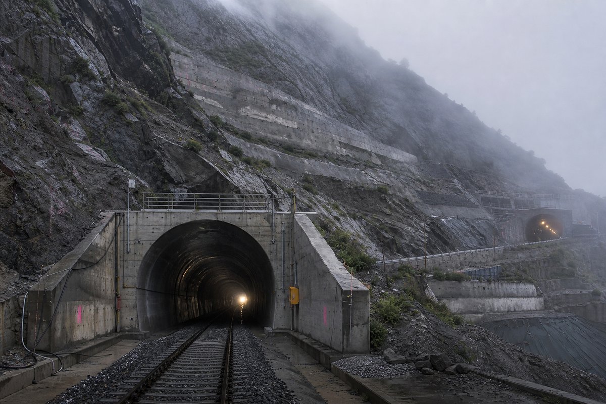 Railway tunnel portal with track running in in India: Himalayan slope with terraced switchbacks and a new highway portal, in drifting mist, shot at 50mm, compressed. (AI-generated image)