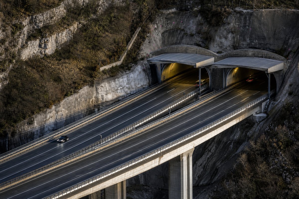 Motorway viaduct and tunnel portal in sequence along an autostrada in Italy: Apennine limestone ridge, twin concrete motorway portals with a projecting canopy. (AI-generated image)