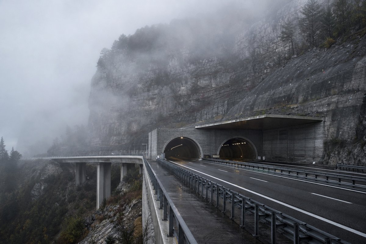 Motorway viaduct and tunnel portal in sequence along an autostrada in Italy: Apennine limestone ridge, twin concrete motorway portals with a projecting canopy, in drifting mist. (AI-generated image)