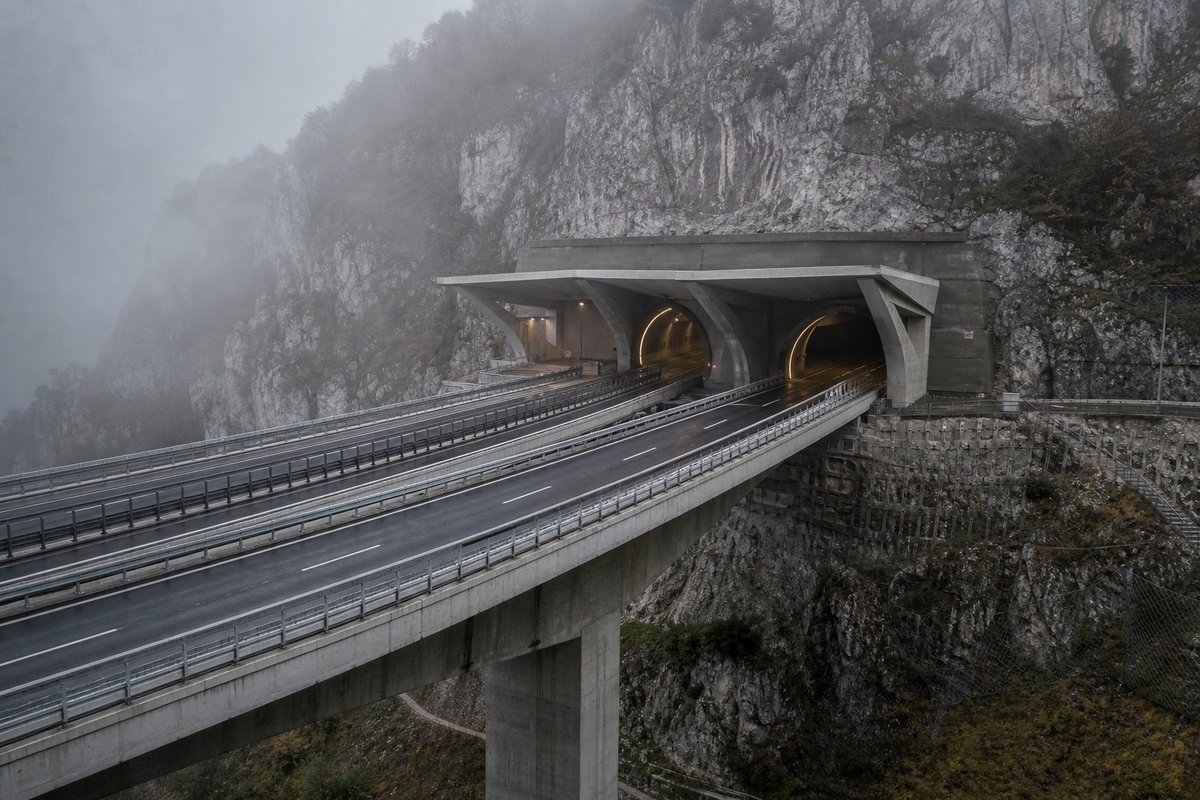 Motorway viaduct and tunnel portal in sequence along an autostrada in Italy: Apennine limestone ridge, twin concrete motorway portals with a projecting canopy, in drifting mist. (AI-generated image)
