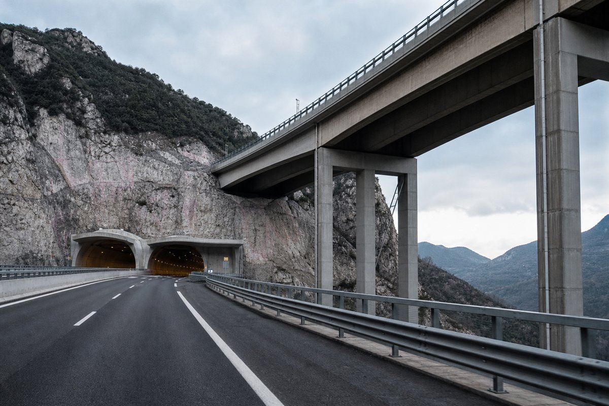 Motorway viaduct and tunnel portal in sequence along an autostrada in Italy: Apennine limestone ridge, twin concrete motorway portals with a projecting canopy, in cold clear light. (AI-generated image)