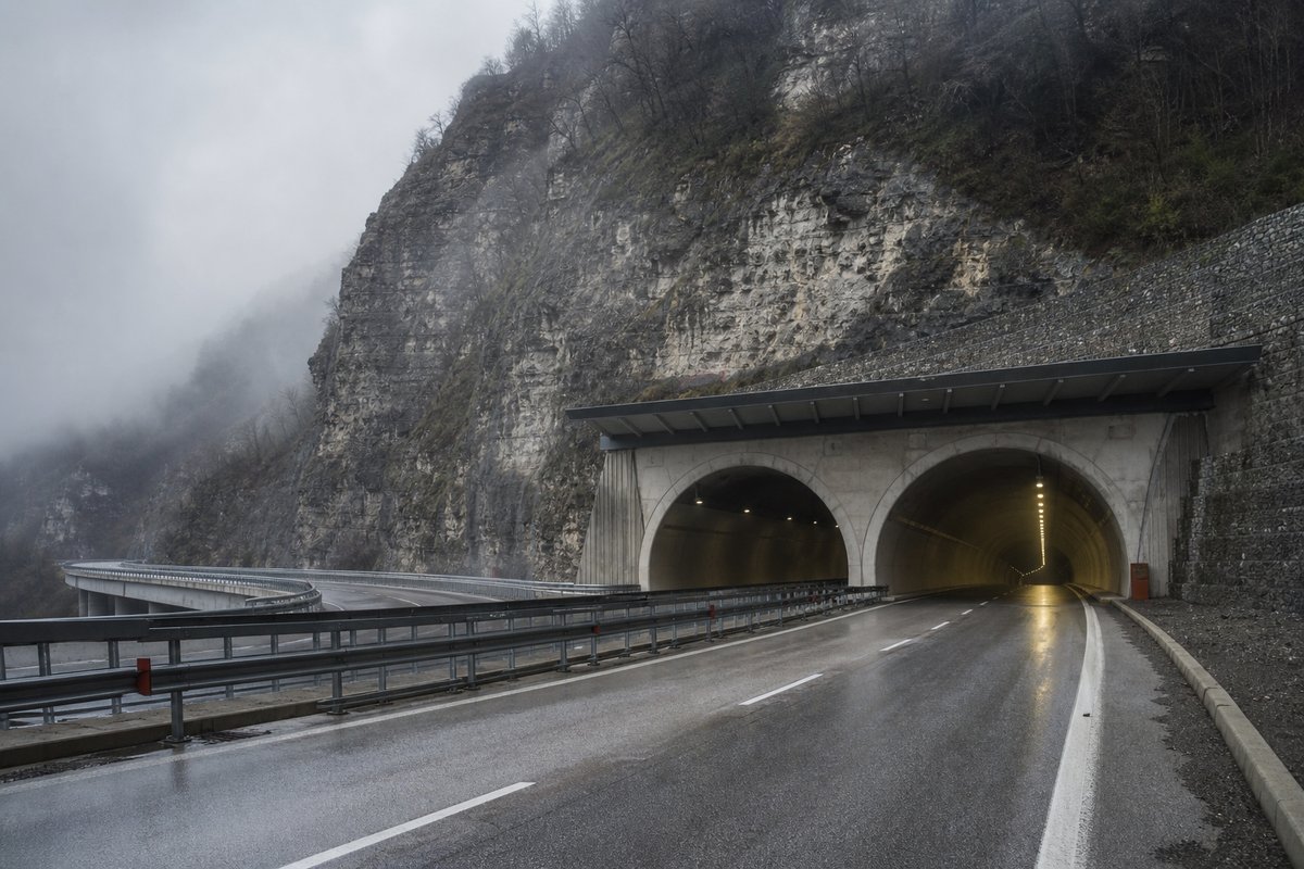 Motorway viaduct and tunnel portal in sequence along an autostrada in Italy: Apennine limestone ridge, twin concrete motorway portals with a projecting canopy, in thin morning fog. (AI-generated image)