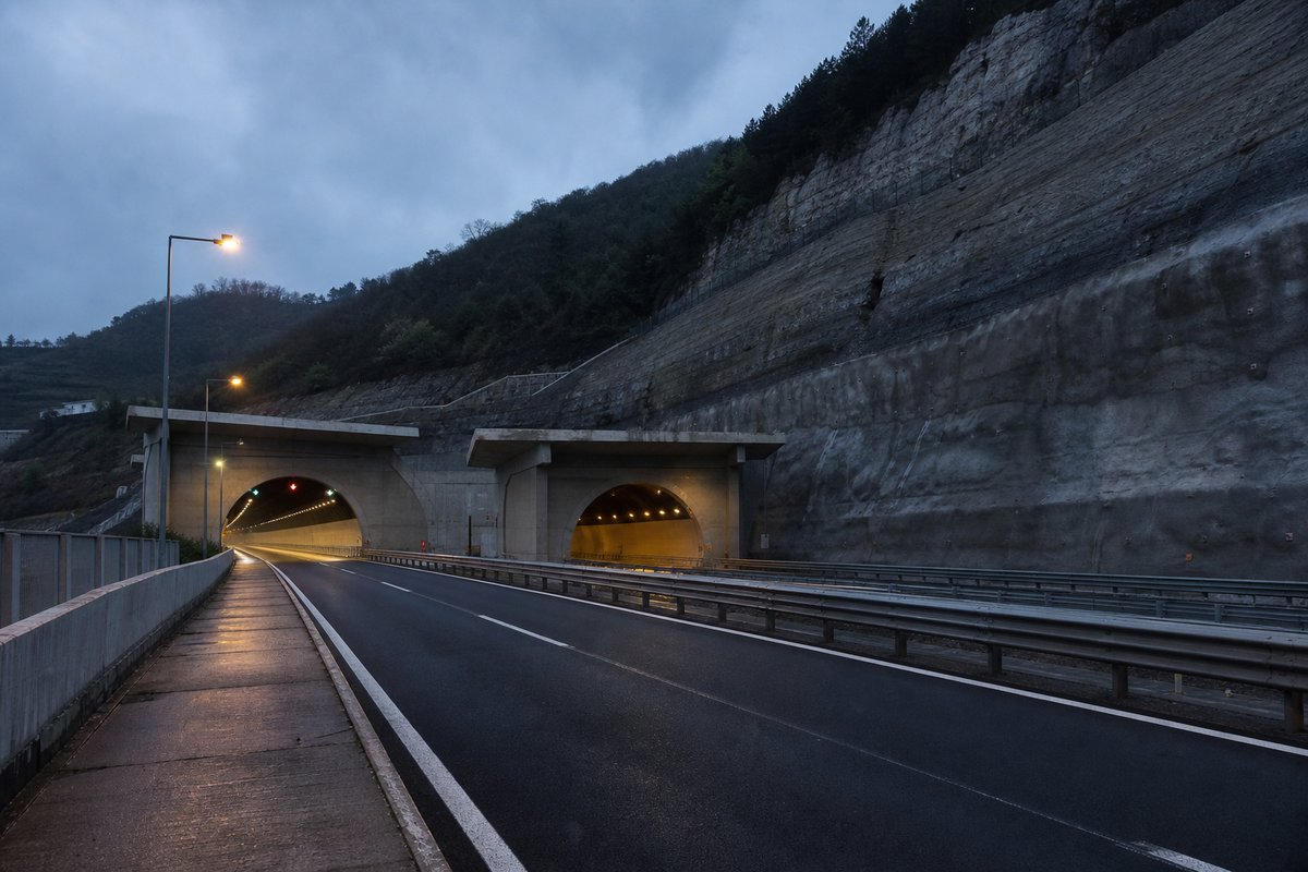 Motorway viaduct and tunnel portal in sequence along an autostrada in Italy: Apennine limestone ridge, twin concrete motorway portals with a projecting canopy. (AI-generated image)