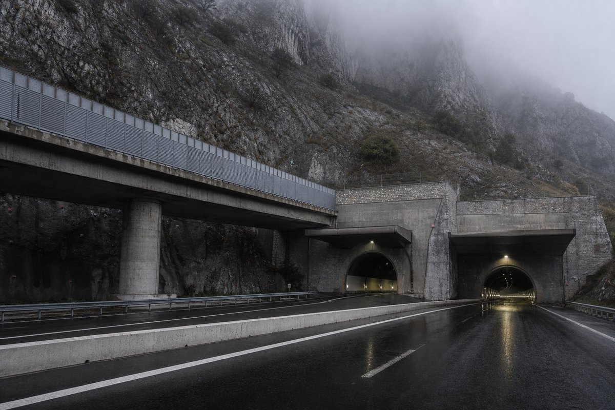 Motorway viaduct and tunnel portal in sequence along an autostrada in Italy: Apennine limestone ridge, twin concrete motorway portals with a projecting canopy, in drifting mist. (AI-generated image)